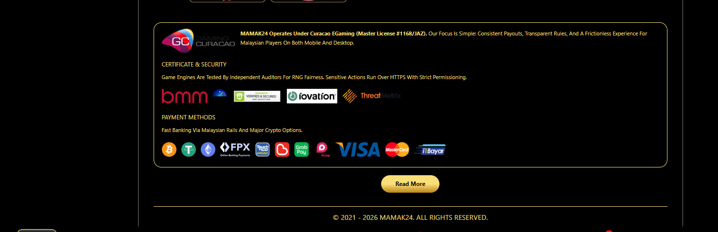 Mamak24 footer with account access, payment information and game links