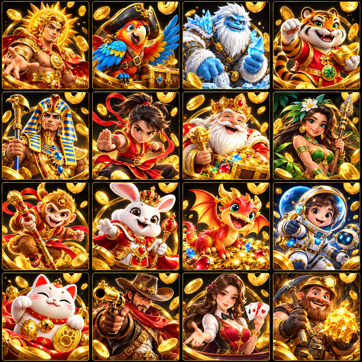 Sixteen original gold-framed casino game characters