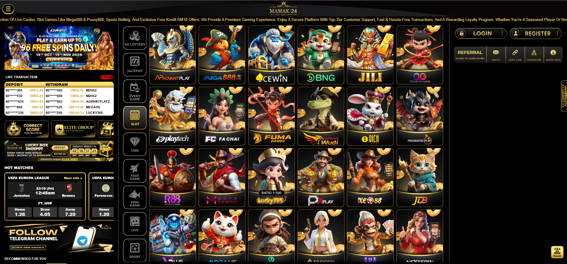 Mamak24 casino interface with game grid, transactions, promotions and registration controls